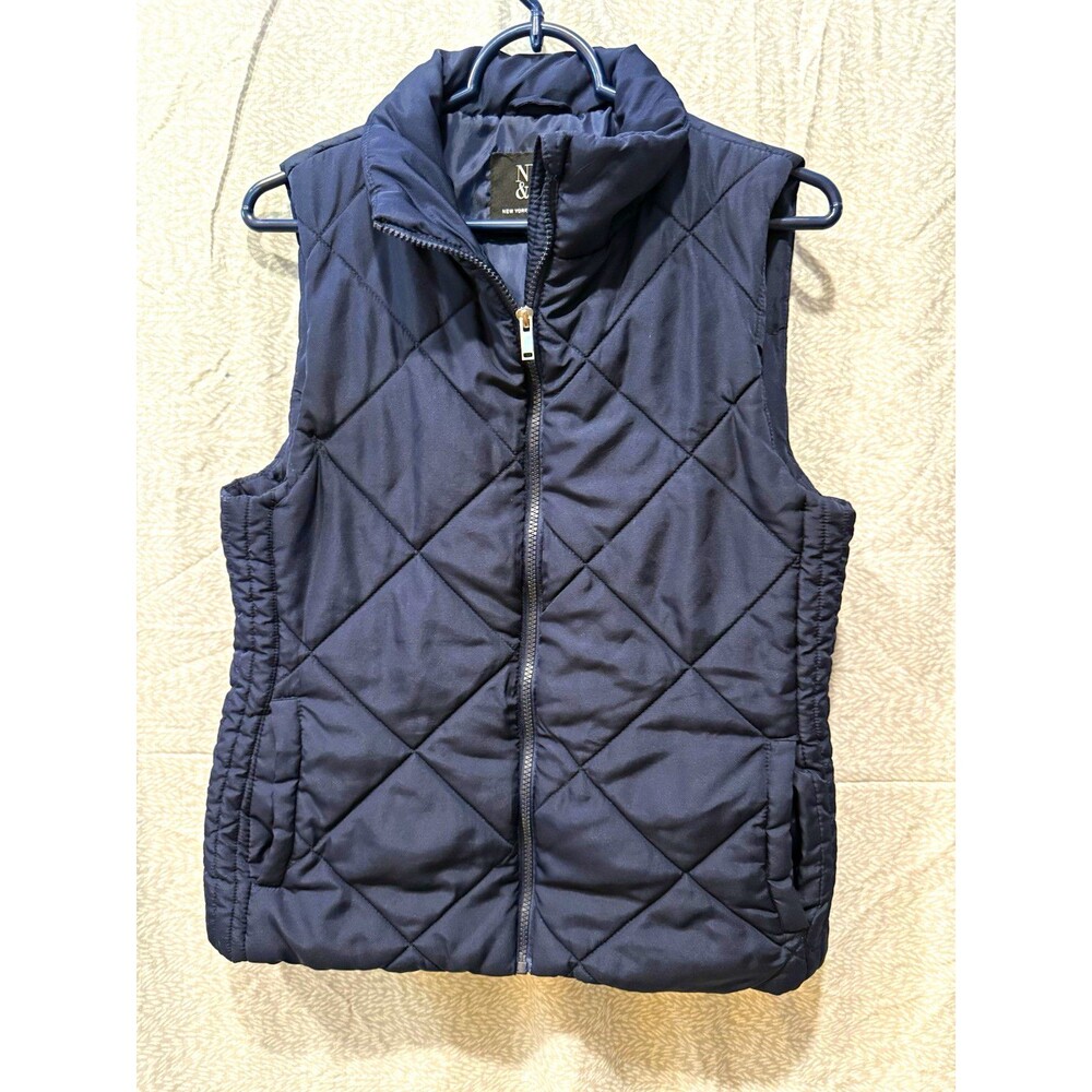 NY & C Women’s Navy Quilted Full Zip Sleeveless Vest Pockets M
